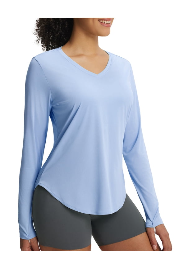 Women's Long Sleeve Sun Shirts UPF50+ UV Protection Rash Guard Lightweight Quick Dry V Neck Workout Hiking Tops Light Blue M