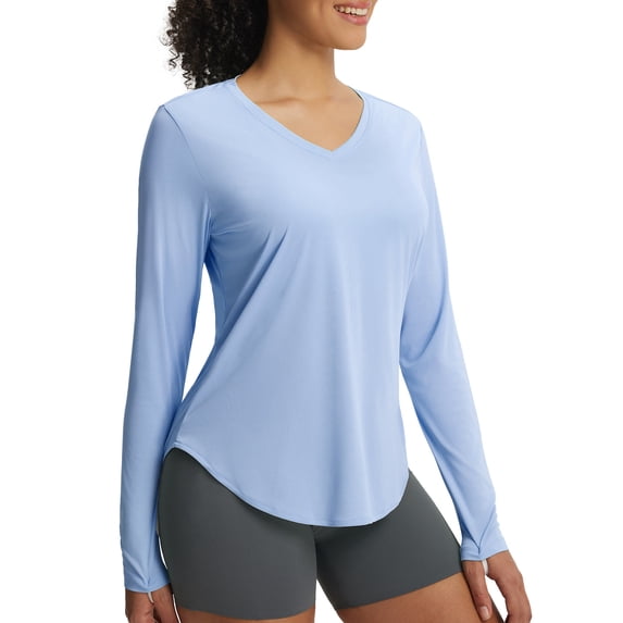 baleaf Women's Long Sleeve Sun Shirts UPF50+ UV Protection Rash Guard Lightweight Quick Dry V Neck Workout Hiking Tops Light Blue XL