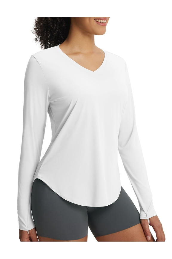 Women's Long Sleeve Sun Shirts UPF50+ UV Protection Rash Guard Lightweight Quick Dry V Neck Workout Hiking Tops White L