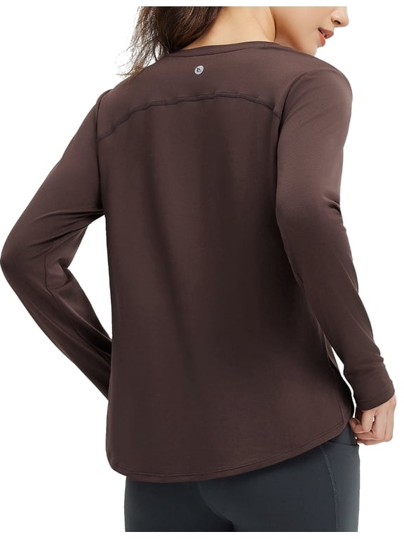 Women's Long Sleeve Workout Shirts Lightweight Quick Dry Running Athletic Yoga Tops with Curved Hem Thumb Loop Dark Brown L