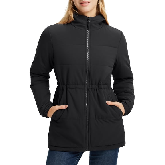 baleaf Women's Winter Coat Long Puffer Jacket Quilted Jackets with Hood Warm Running Insulated Hiking Snow Black L