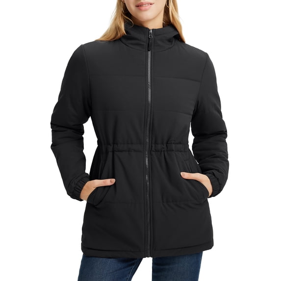 baleaf Women's Winter Coat Long Puffer Jacket Quilted Jackets with Hood Warm Running Insulated Hiking Snow Black L