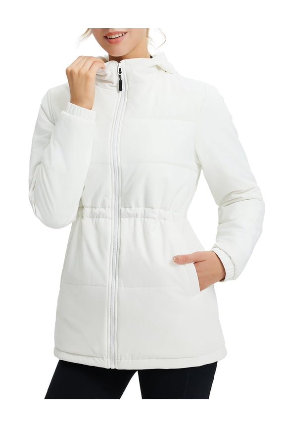 Women's Winter Coat Long Puffer Jacket Quilted Jackets with Hood Warm Running Insulated Hiking Snow Star White 2XL