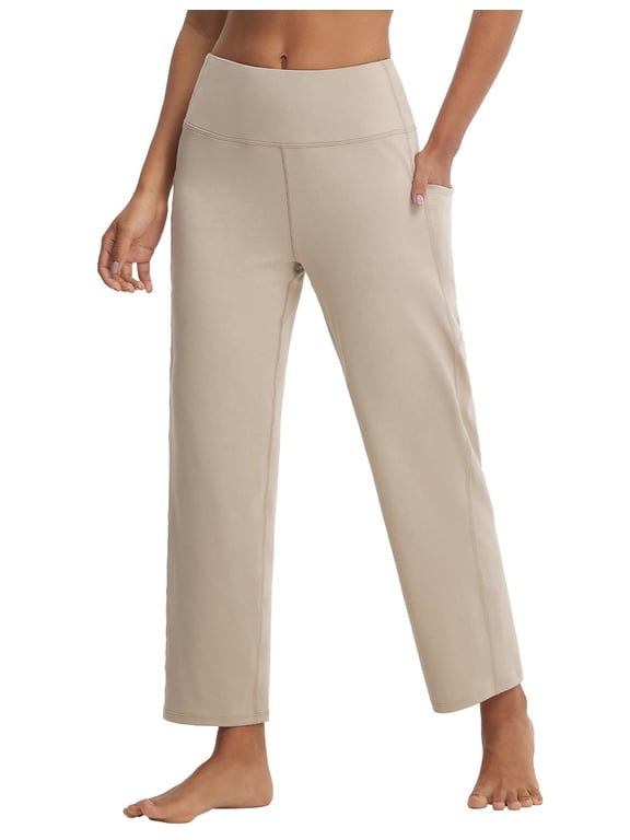 Womens 25" Yoga Pants Wide Leg Ankle Dress Pant with Pockets High Waist Petite Stretchy Casual Travel Beige M