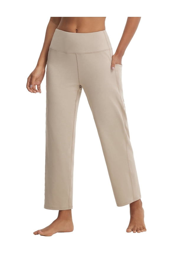 Womens 25" Yoga Pants Wide Leg Ankle Dress Pant with Pockets High Waist Petite Stretchy Casual Travel Beige XS