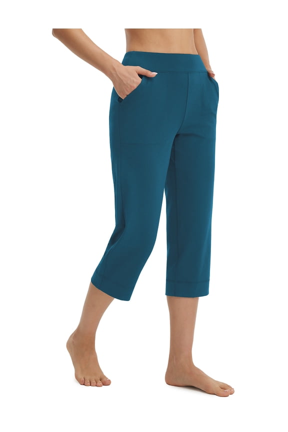 Womens Capri Pants High Waisted Straight Leg Yoga Capris Leggings with Pockets Crop Workout 21" Summer Pants Blue XS