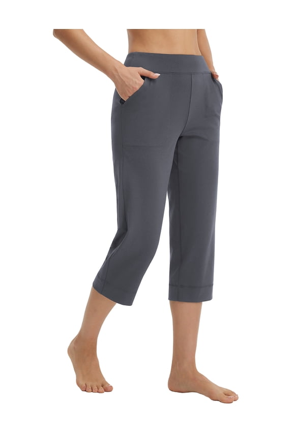 Womens Capri Pants High Waisted Straight Leg Yoga Capris Leggings with Pockets Crop Workout 21" Summer Pants Dark Gray XXL