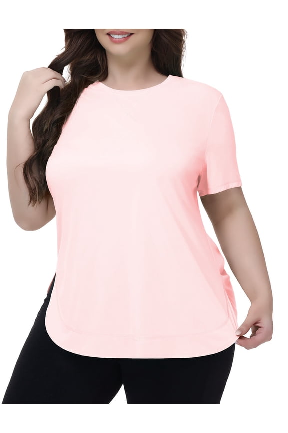 Workout Tops for Women Plus Size Short Sleeve Loose Fit Shirts Crew Neck Quick Dry UPF50+ Athletic Gym Yoga Light Pink XL