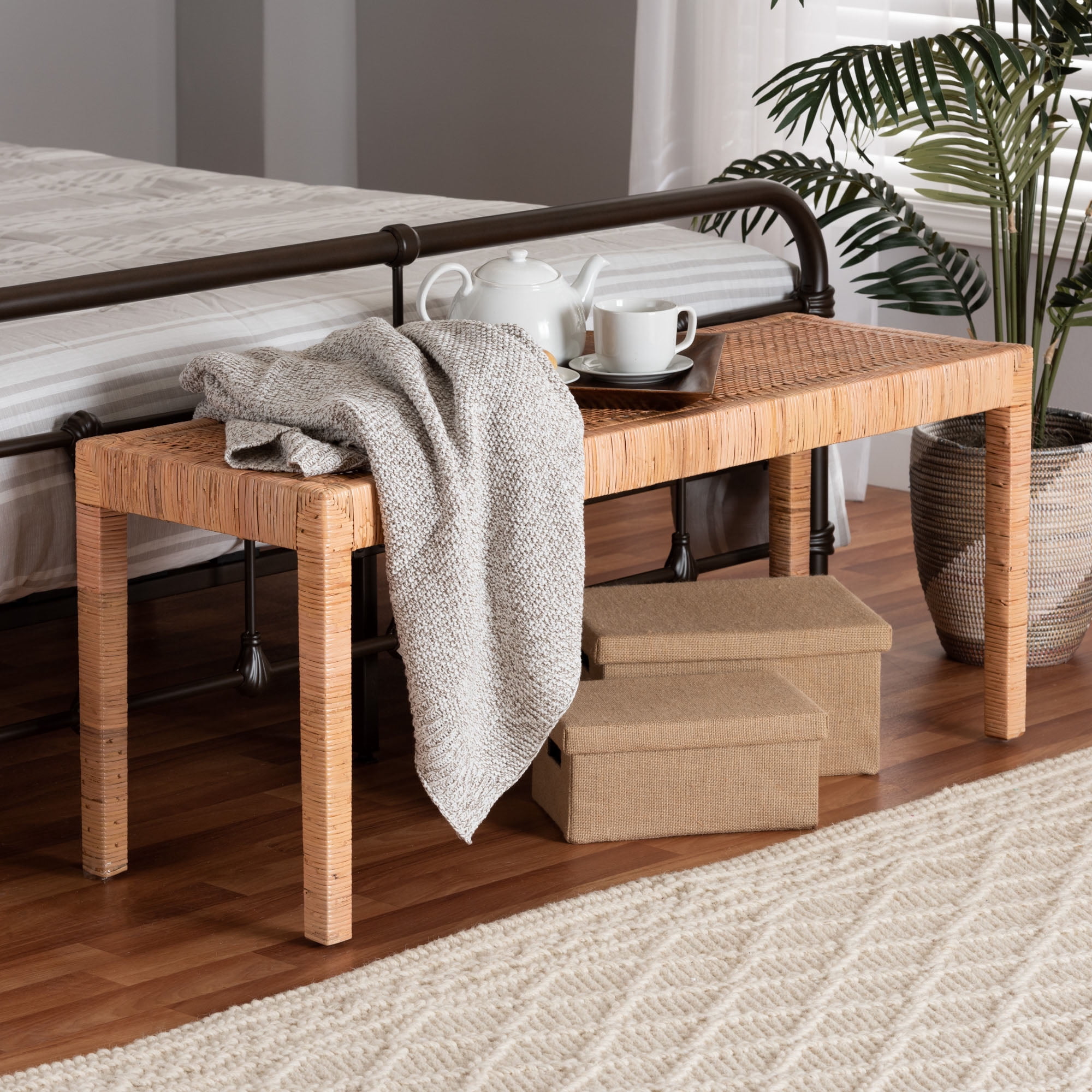 bali & pari Abelia Modern Bohemian Natural Rattan and Mahogany Wood Long Accent Bench