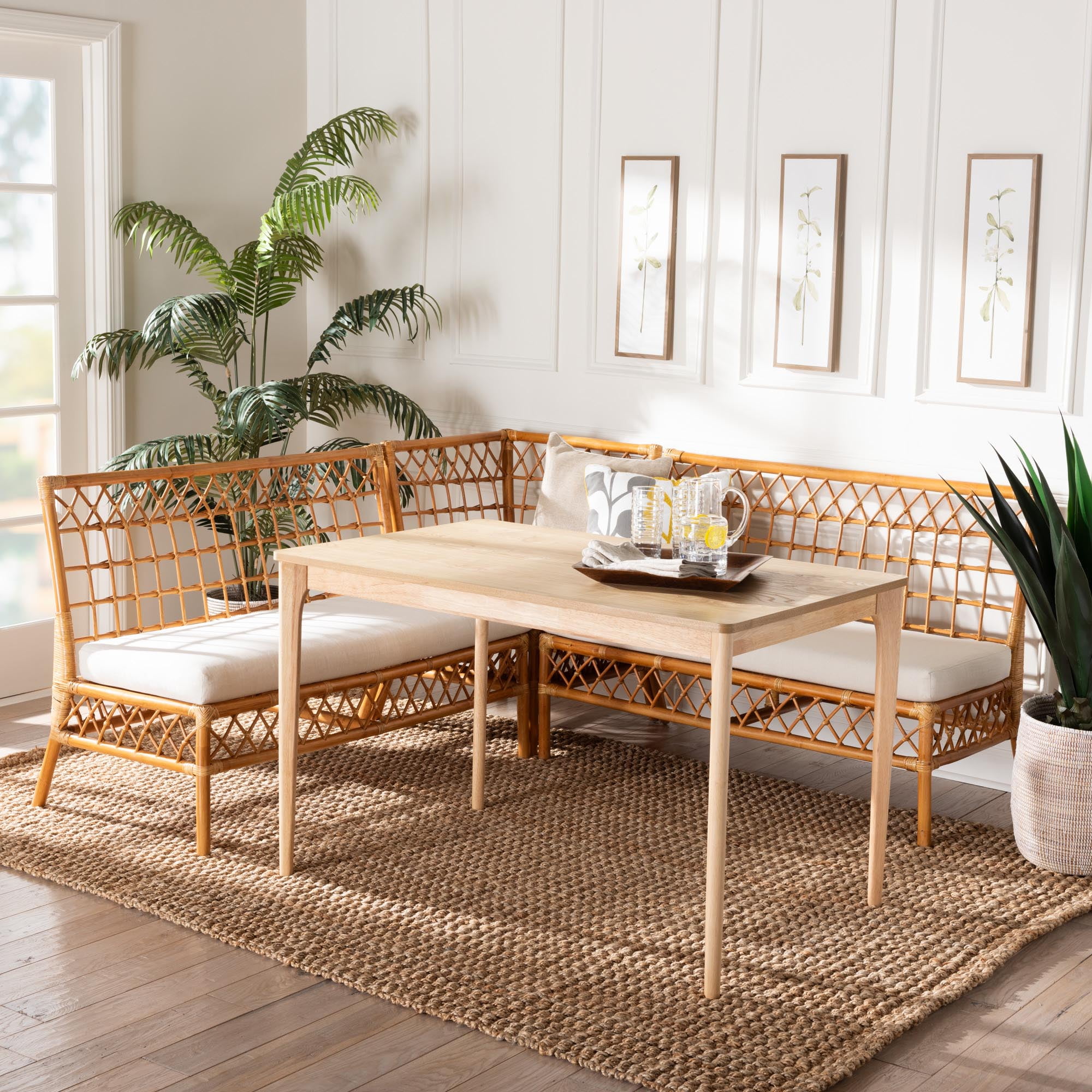 bali & pari Adora Rattan BOHO Dining Nook Set, 4-Piece, Light Honey
