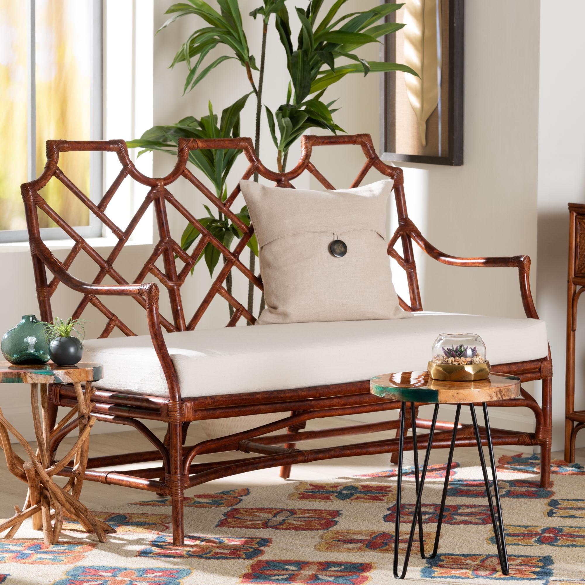 bali & pari Aella Boho Loveseat Bench, Marbled Tortoise Brown