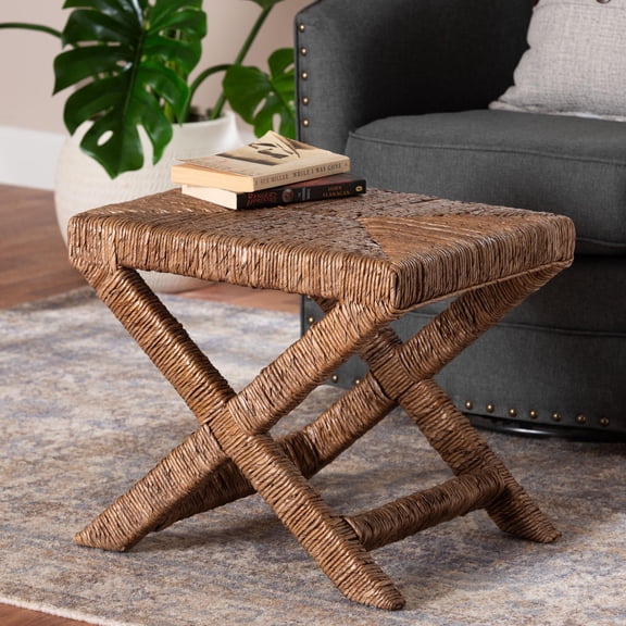 bali & pari Alda Woven Seagrass Ottoman - Handwoven Wicker Accent Stool with X Base, Boho Coastal Seating