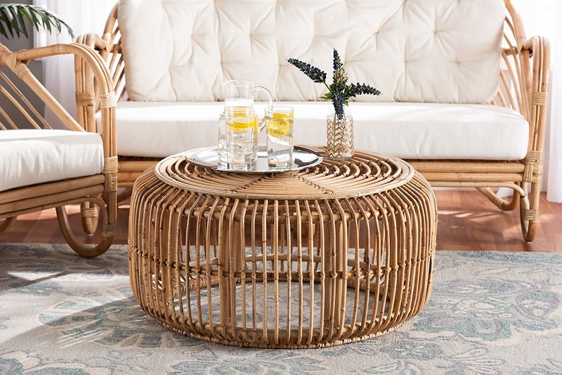 bali & pari Aliane Rattan BOHO Coffee Table with Circular Top, Openwork Frame, Natural Brown