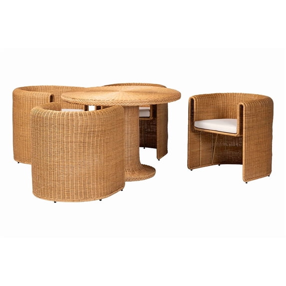 bali & pari Amaya 5-Piece Round Rattan Dining Set - Handwoven Wicker Pedestal Table and 4 Barrel Chairs with Cushion, Kitchen or Sunroom Furniture