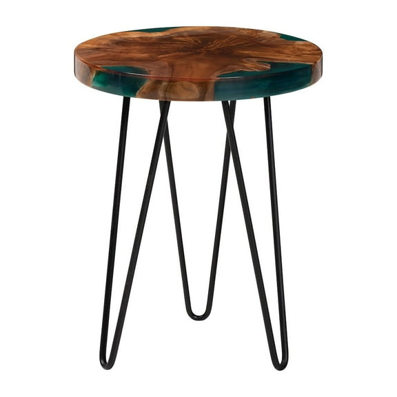 bali & pari Anan Teak Wood Epoxy Resin End Table Round Live Edge Side Table