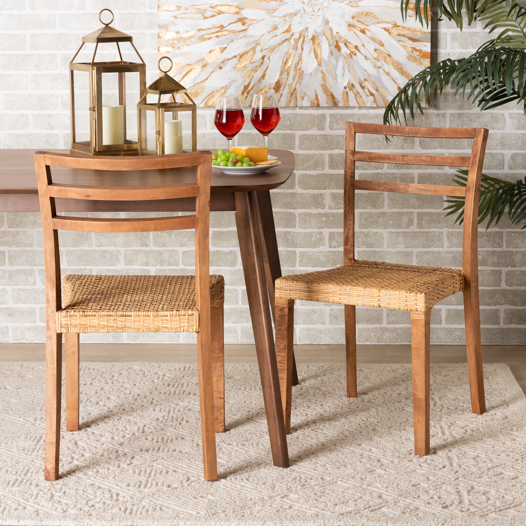 bali & pari Arthur Rattan and Mahogany wood Mid-Century Dining Chairs, Set of 2, Natural Brown