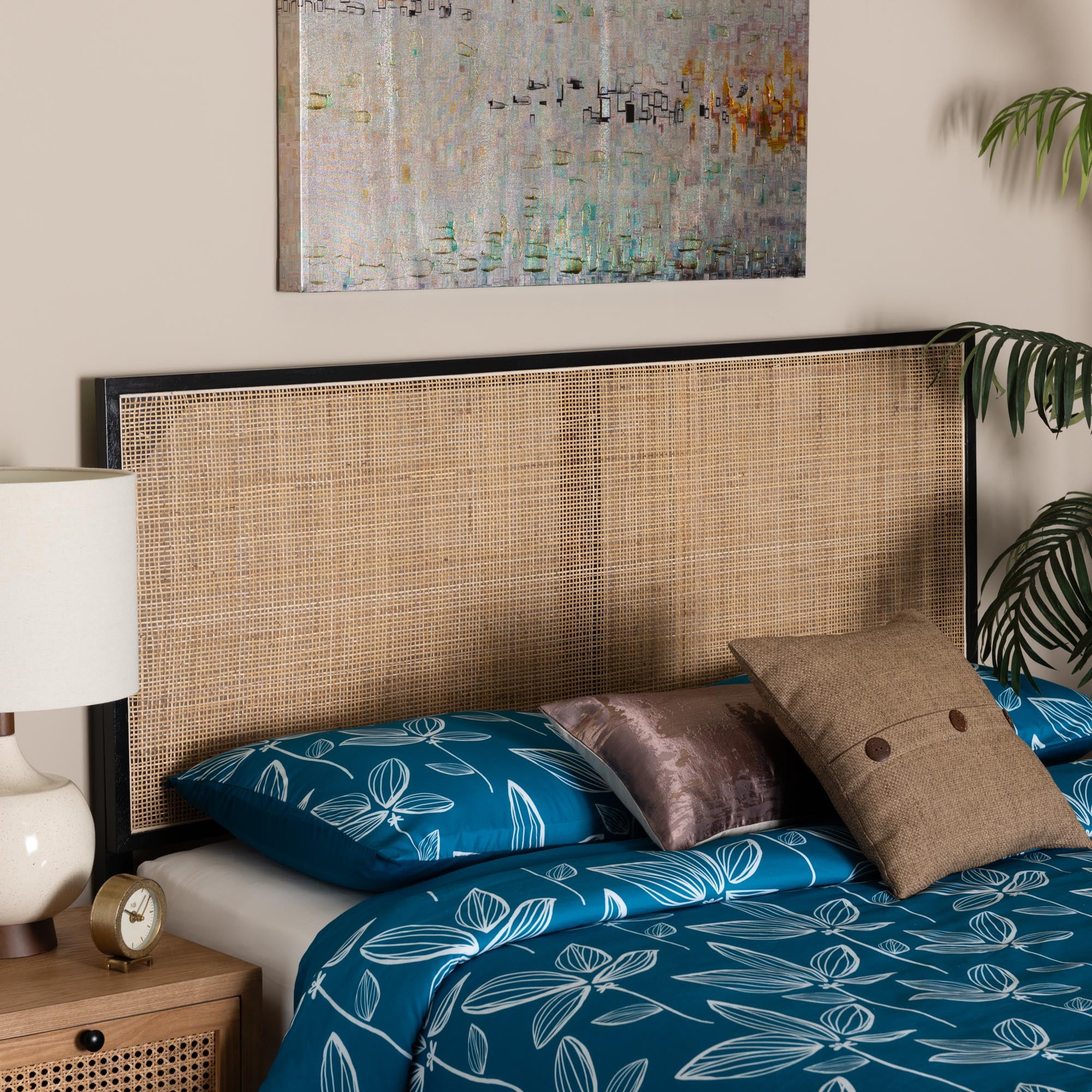 bali & pari Aurelia Rattan and Bayur Wood BOHO Headboard, Queen Size, Black