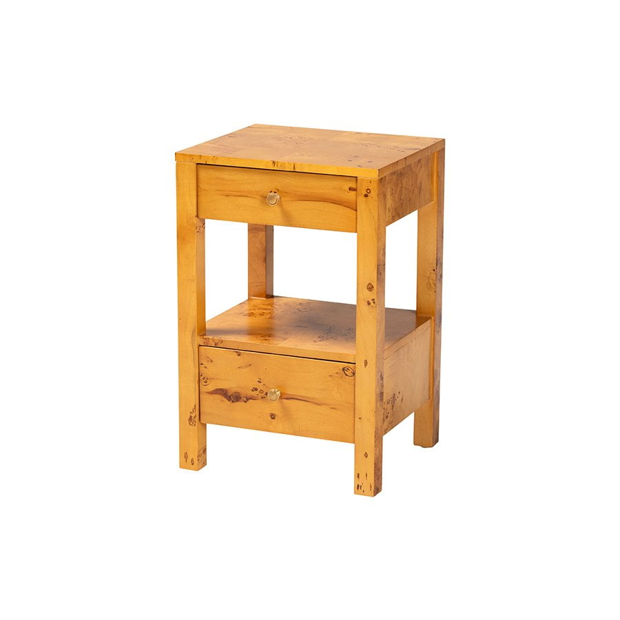 Azmi Natural Light Burl Wood 2-Drawer Nightstand with Open Shelf