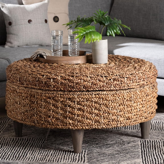 bali & pari Bailey Boho Storage Ottoman, 35"W, Round, Natural Brown