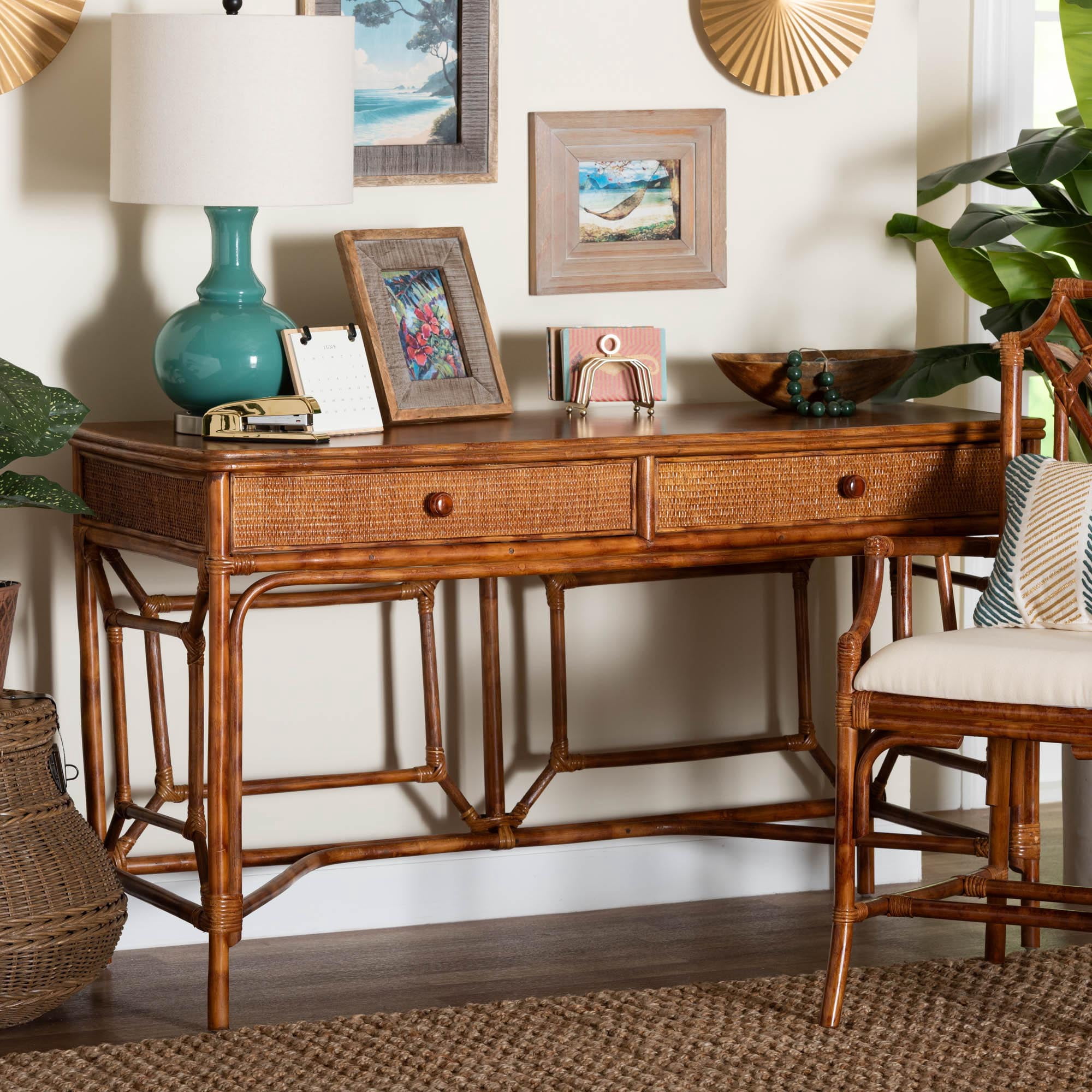 bali & pari Basile Boho Desk, 2-Drawer, Marbled Tortoise Brown