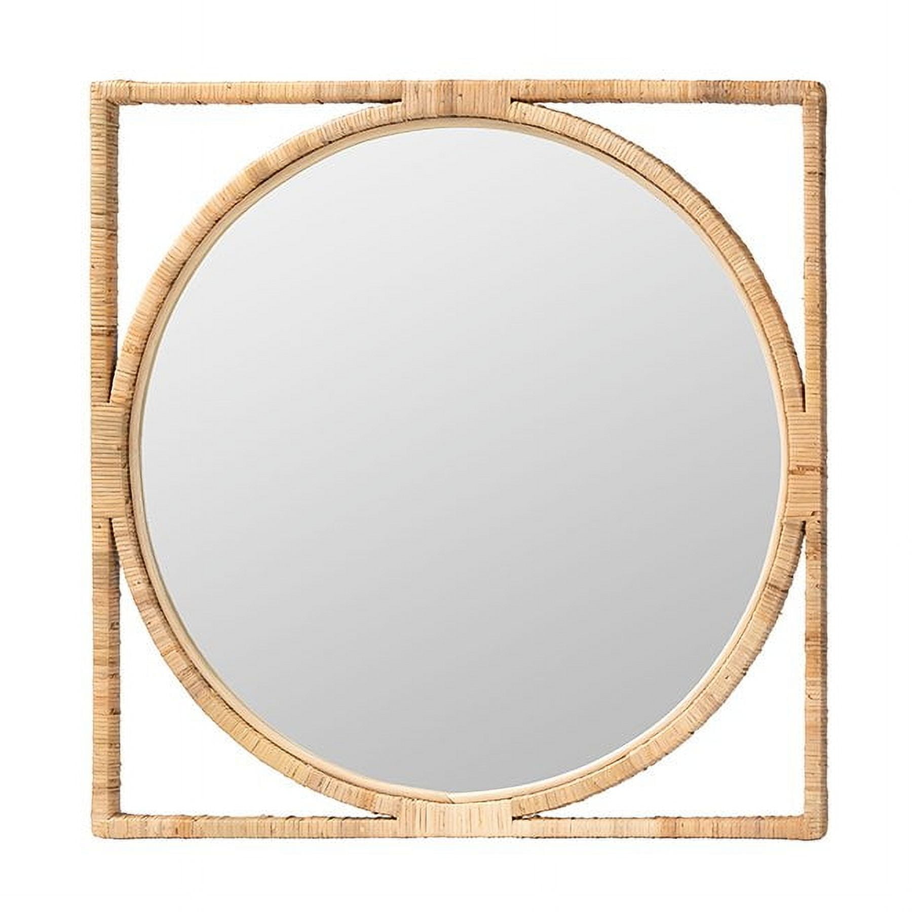 Natural Rattan and Mahogany Wood Square Wall Mirror