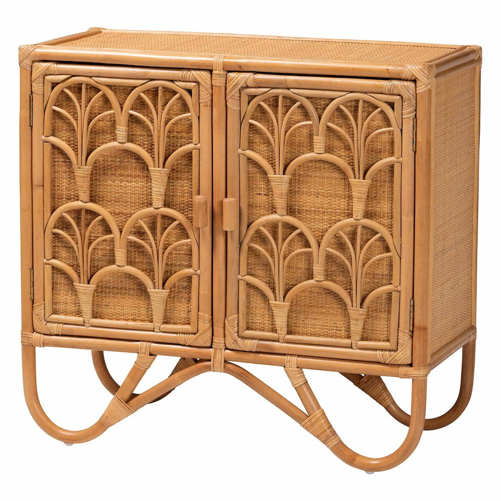 Bohemian Light Brown Rattan Storage Cabinet with Adjustable Shelving