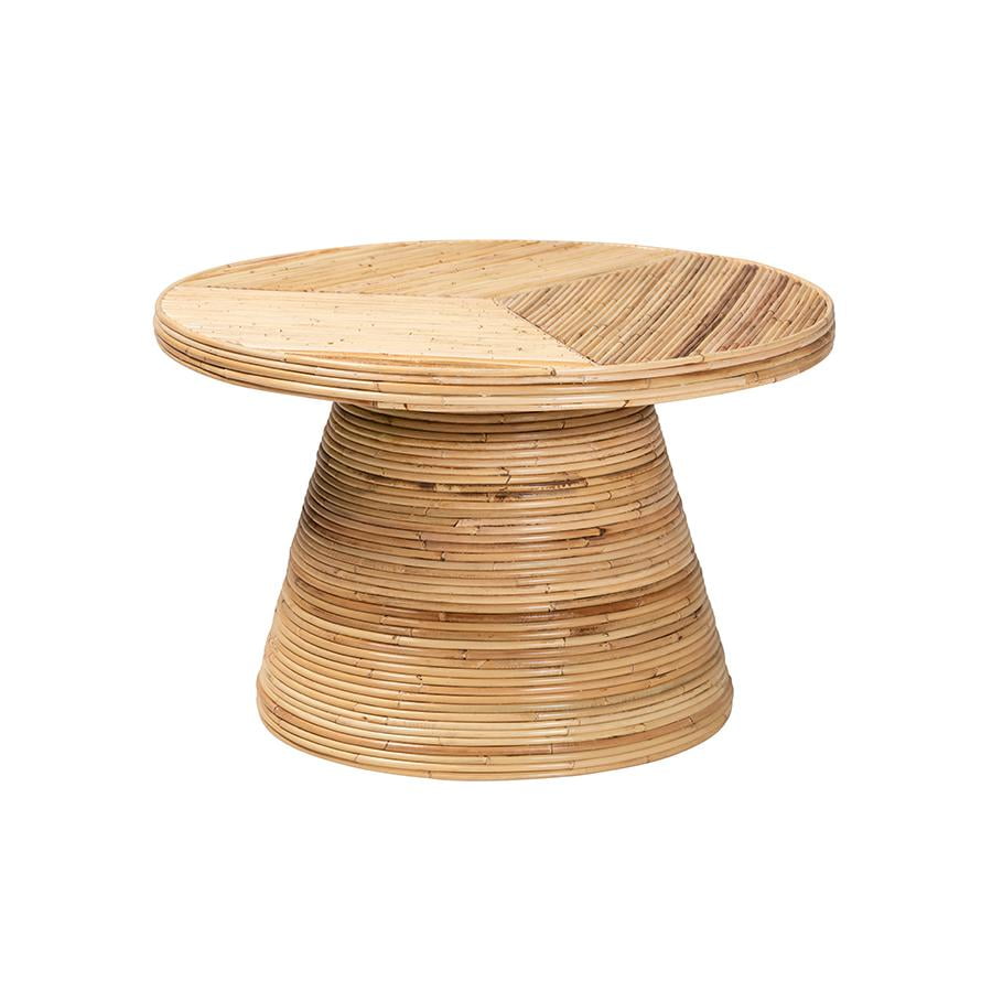 Bella 28 in. Natural Round Rattan and Mahogany Wood Coffee Table