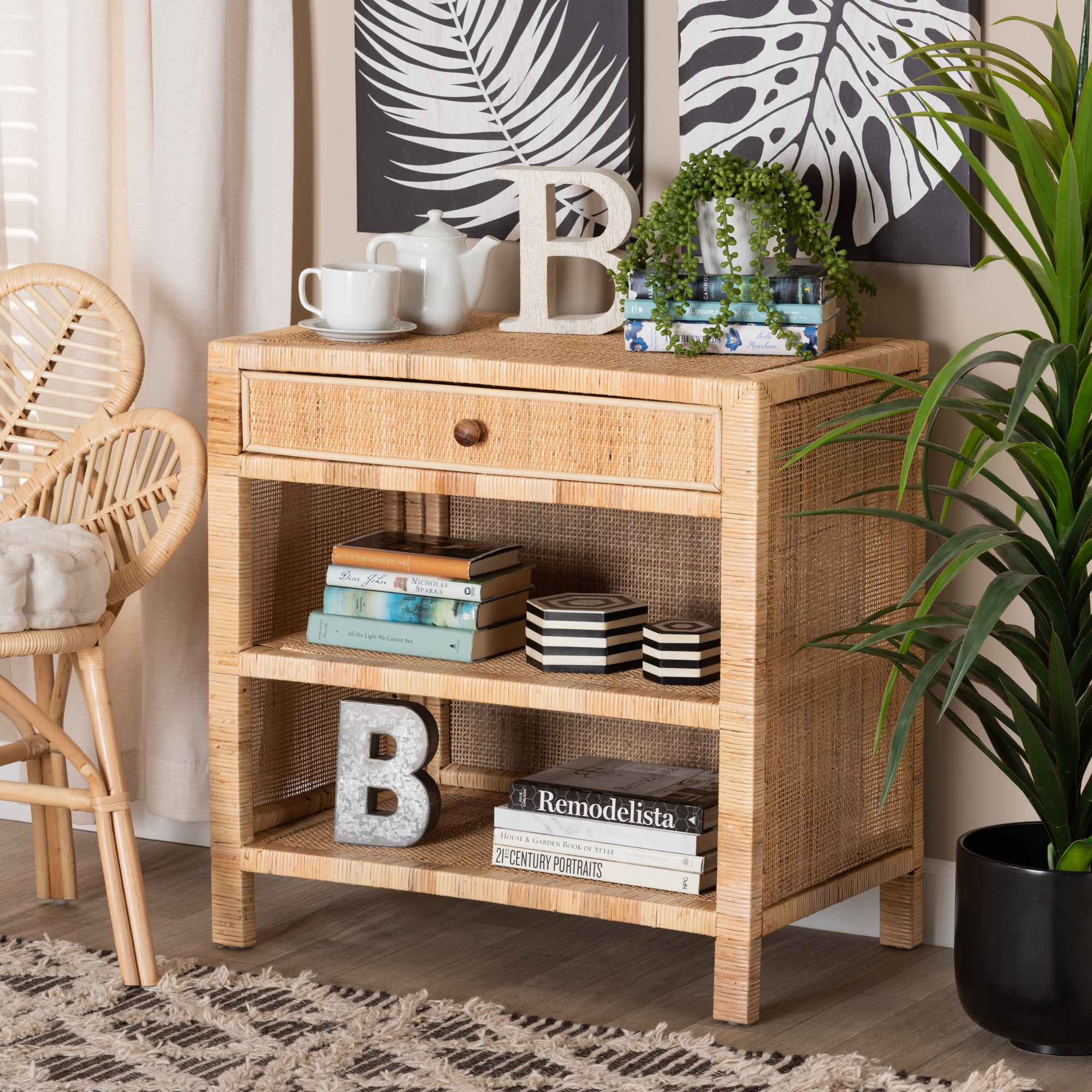 bali & pari Bella Modern Bohemian Brown Mahogany Wood and Rattan 1-Drawer Console Table