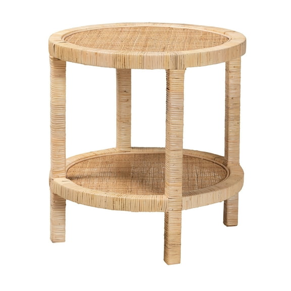 bali & pari Bella Rattan and Mahogany wood BOHO End Table, Natural Brown