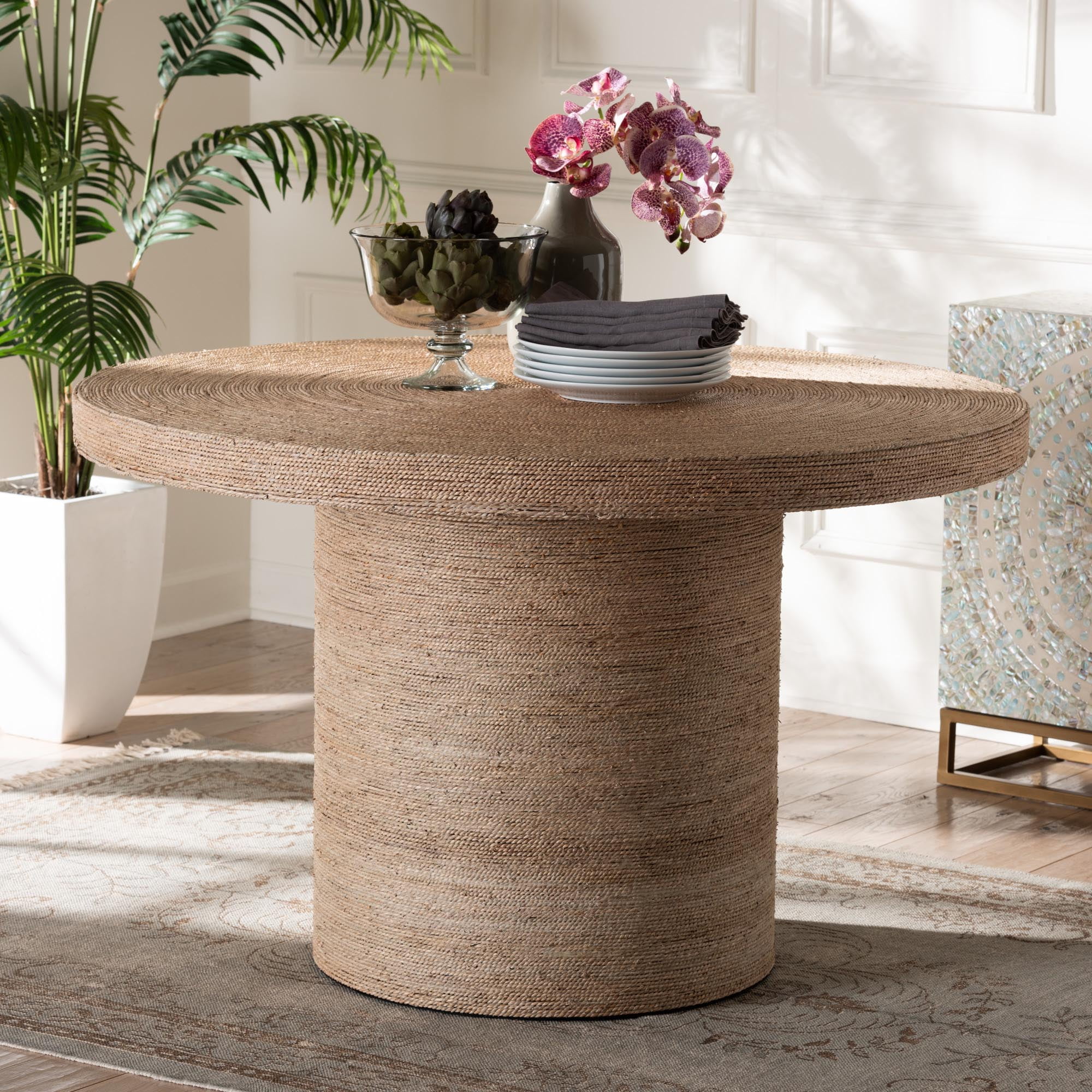 bali & pari Bistra Modern Bohemian Natural Brown Seagrass and Wood Dining Table