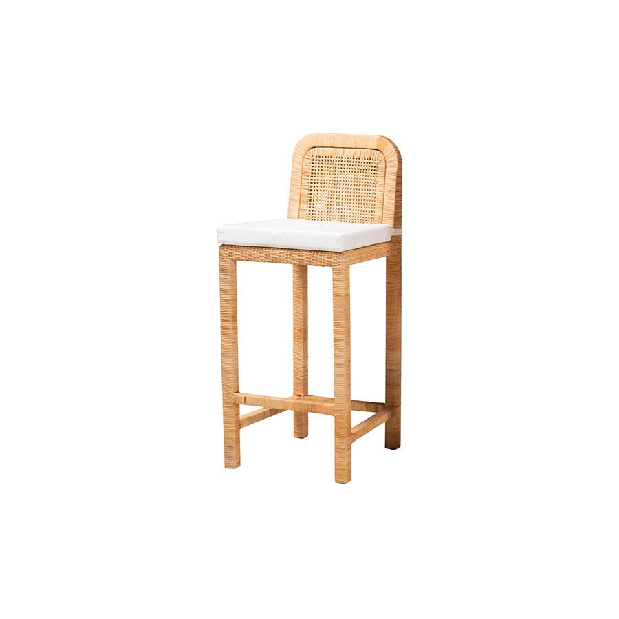Natural Brown Rattan and Mahogany Wood Bar Stool with White Cushion
