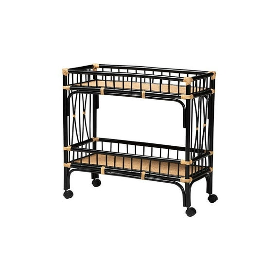 bali & pari Dalinda Two-Tone Black and Natural Brown Rattan 2-Tier Kitchen Cart