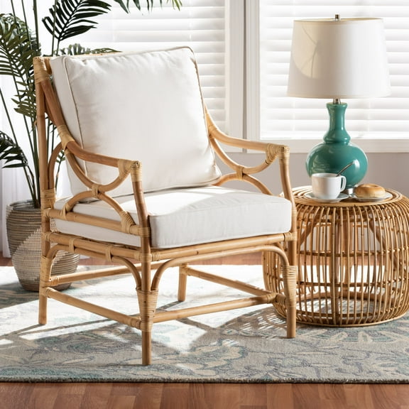 bali & pari Select Bohemian Fabric "70% Cotton, 30% Polyester"/ Rattan/ Foam/ Rattan Semi Pole Solid Print Rattan Armchair, White