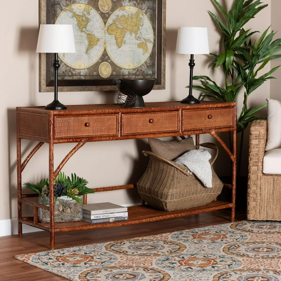bali & pari Brier Boho Console Table, 3-Drawer, Marbled Tortoise Brown