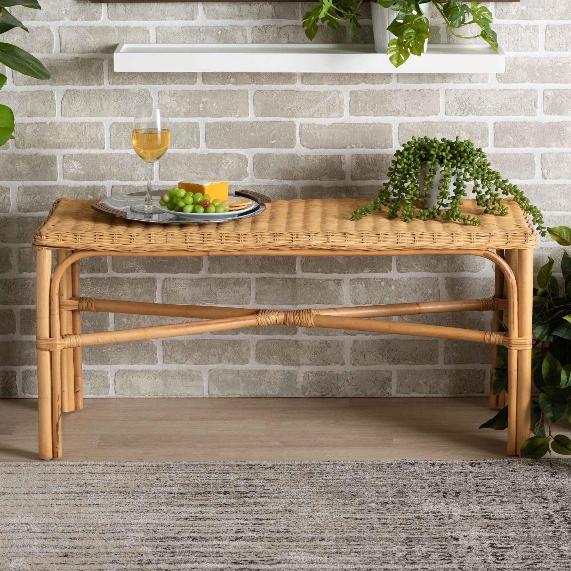 bali & pari Cacaban Natural Rattan Bohemian Accent Bench with Crisscross Base, Natural Brown