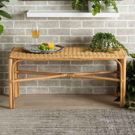 bali & pari Cacaban Natural Rattan Bohemian Accent Bench with Crisscross Base, Natural Brown
