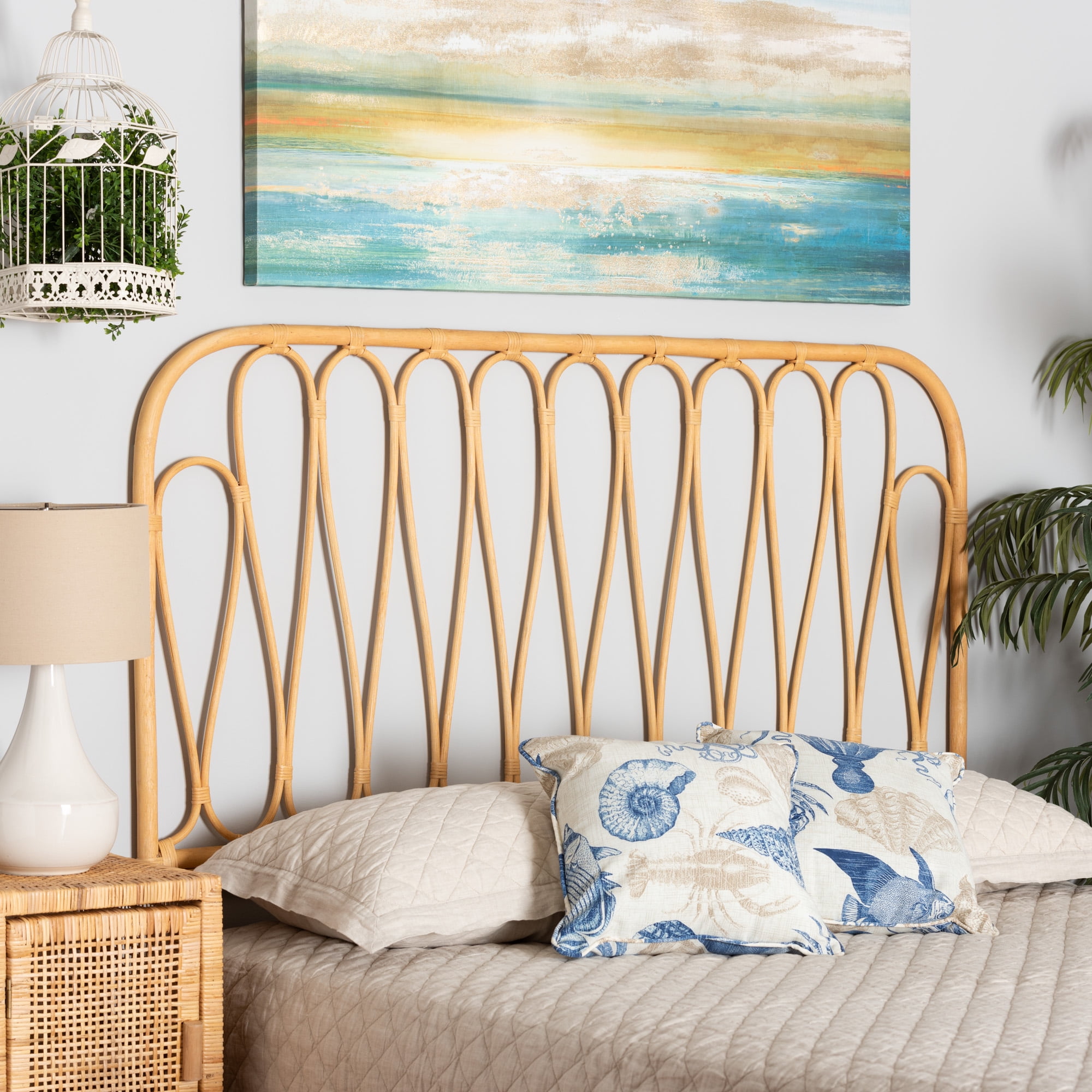 bali & pari Carrick Rattan BOHO Headboard, Queen Size, Natural Brown