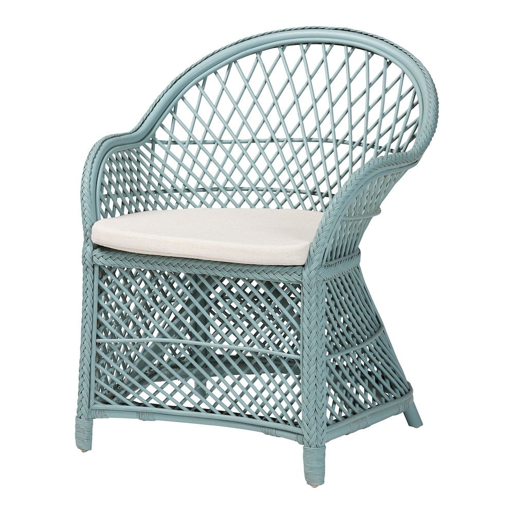 Handcrafted Light Blue Rattan Accent Chair with Cushion