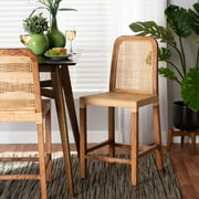 bali & pari Caspia Rattan and Mahogany wood Mid-Century Counter Stool, Natural Brown