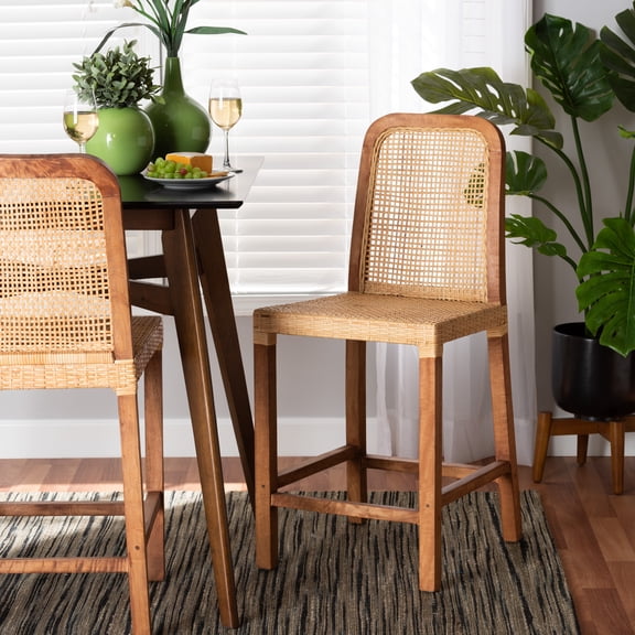 bali & pari Caspia Rattan and Mahogany wood Mid-Century Counter Stool, Natural Brown