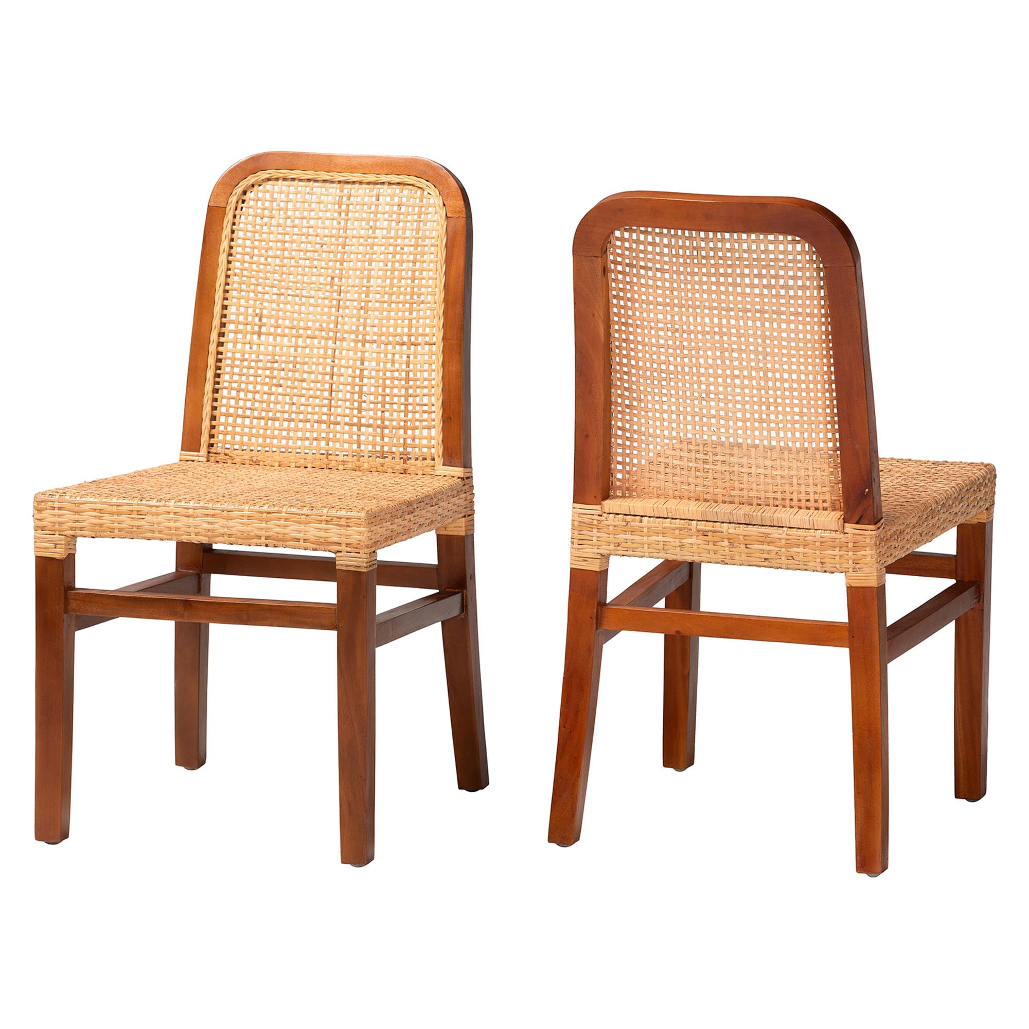 bali & pari Caspia Rattan and Mahogany wood Mid-Century Dining Chairs, Set of 2, Natural Brown