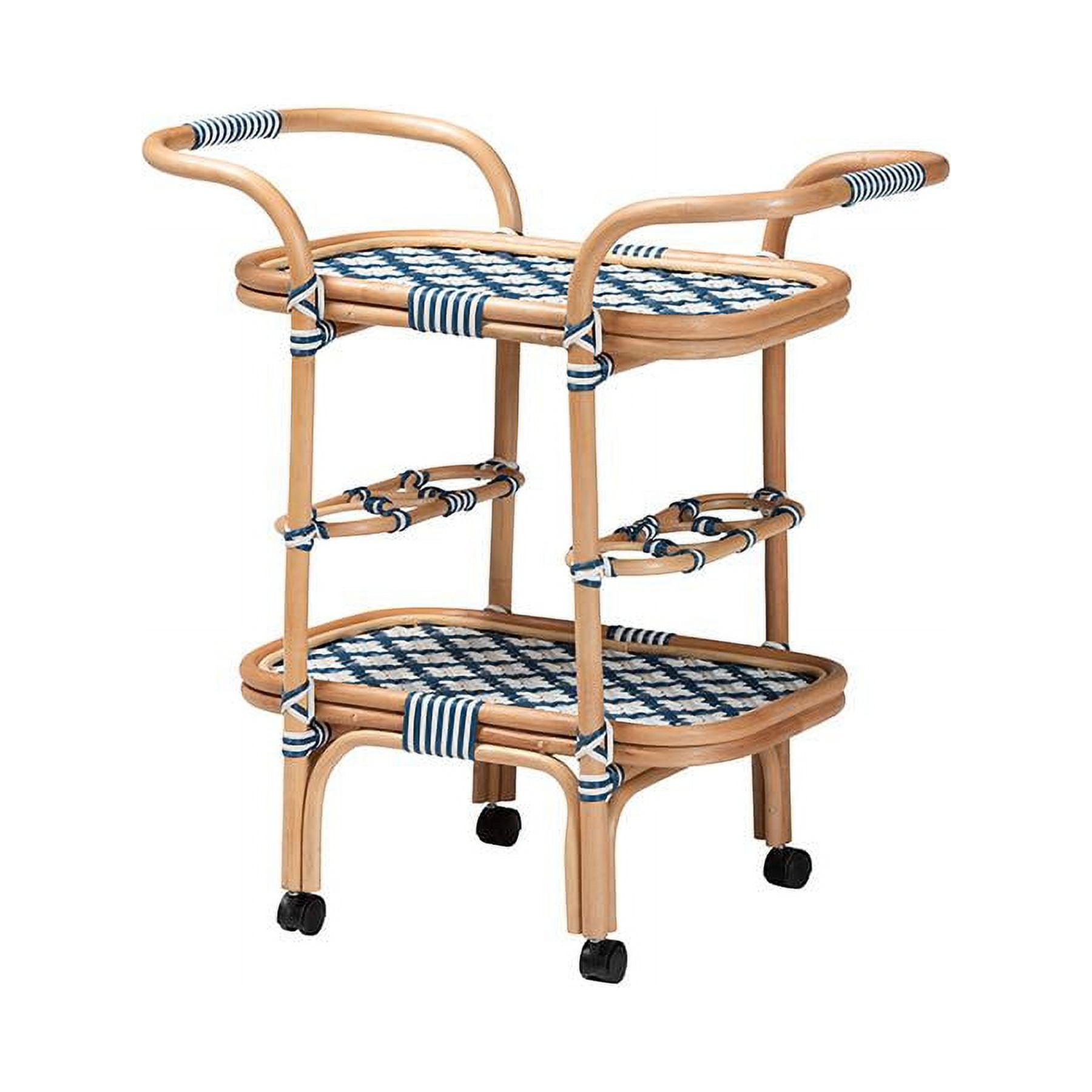 bali & pari Chasca Wood & Natural Rattan Wine Cart in Blue and White