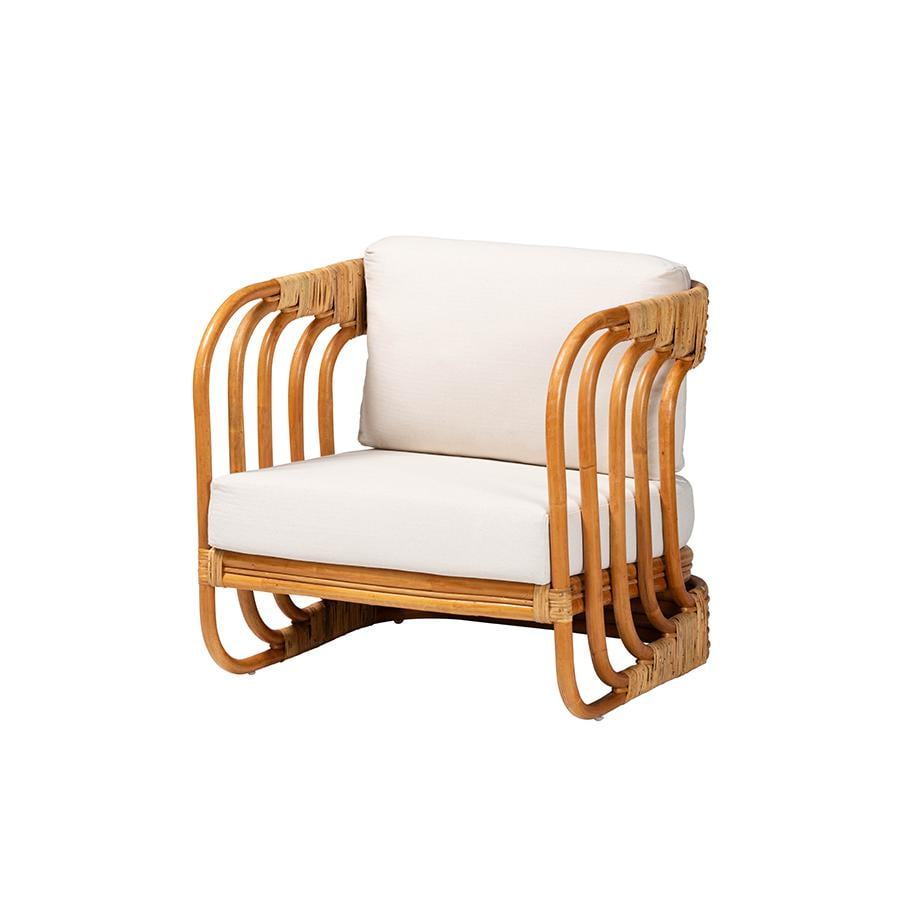 Handcrafted White Rattan Bohemian Accent Chair with Cushions