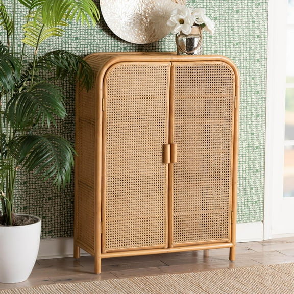 bali & pari Curacao Boho Storage Cabinet, 2-Door, Light honey