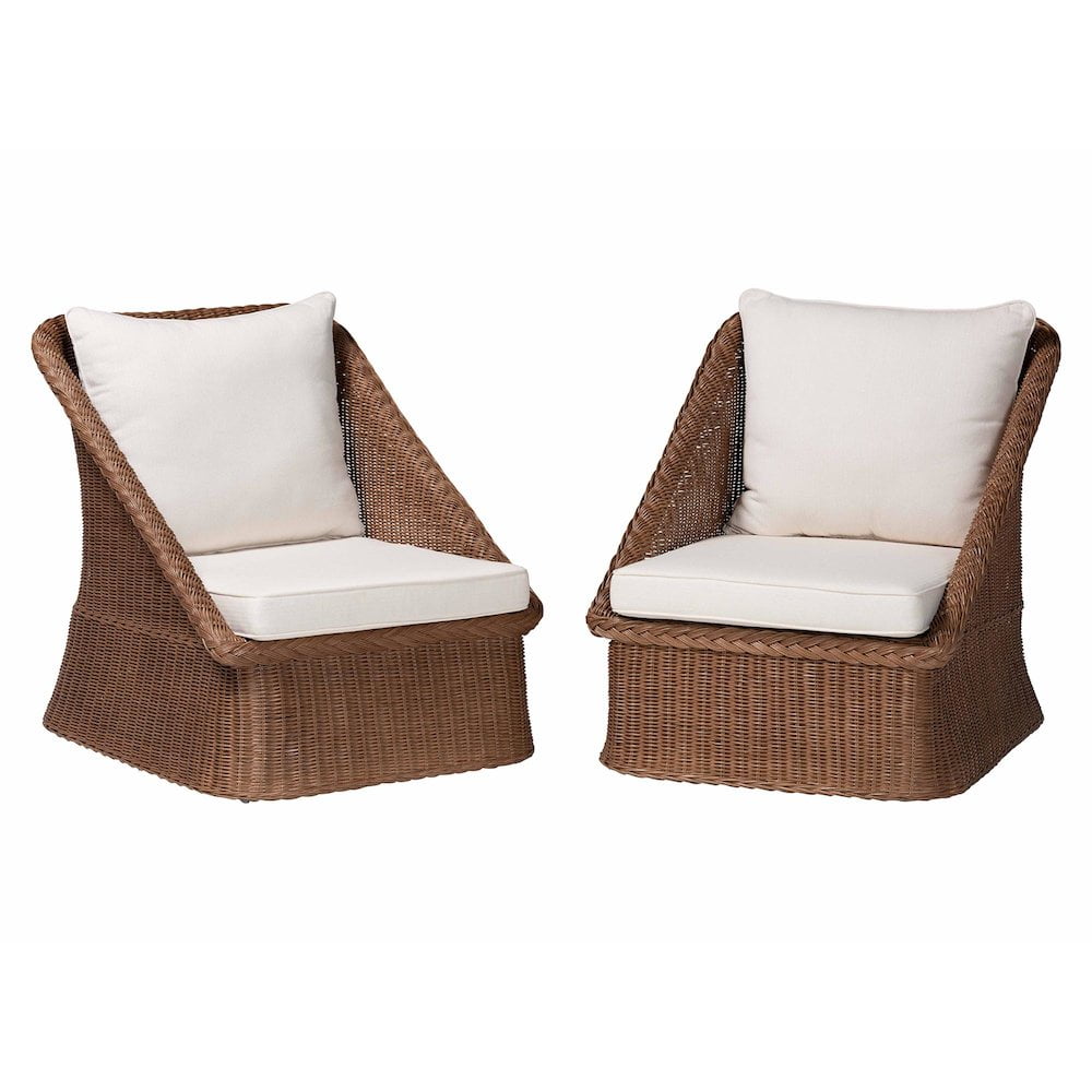 Handcrafted Brown Rattan Accent Chair Set with Cushions