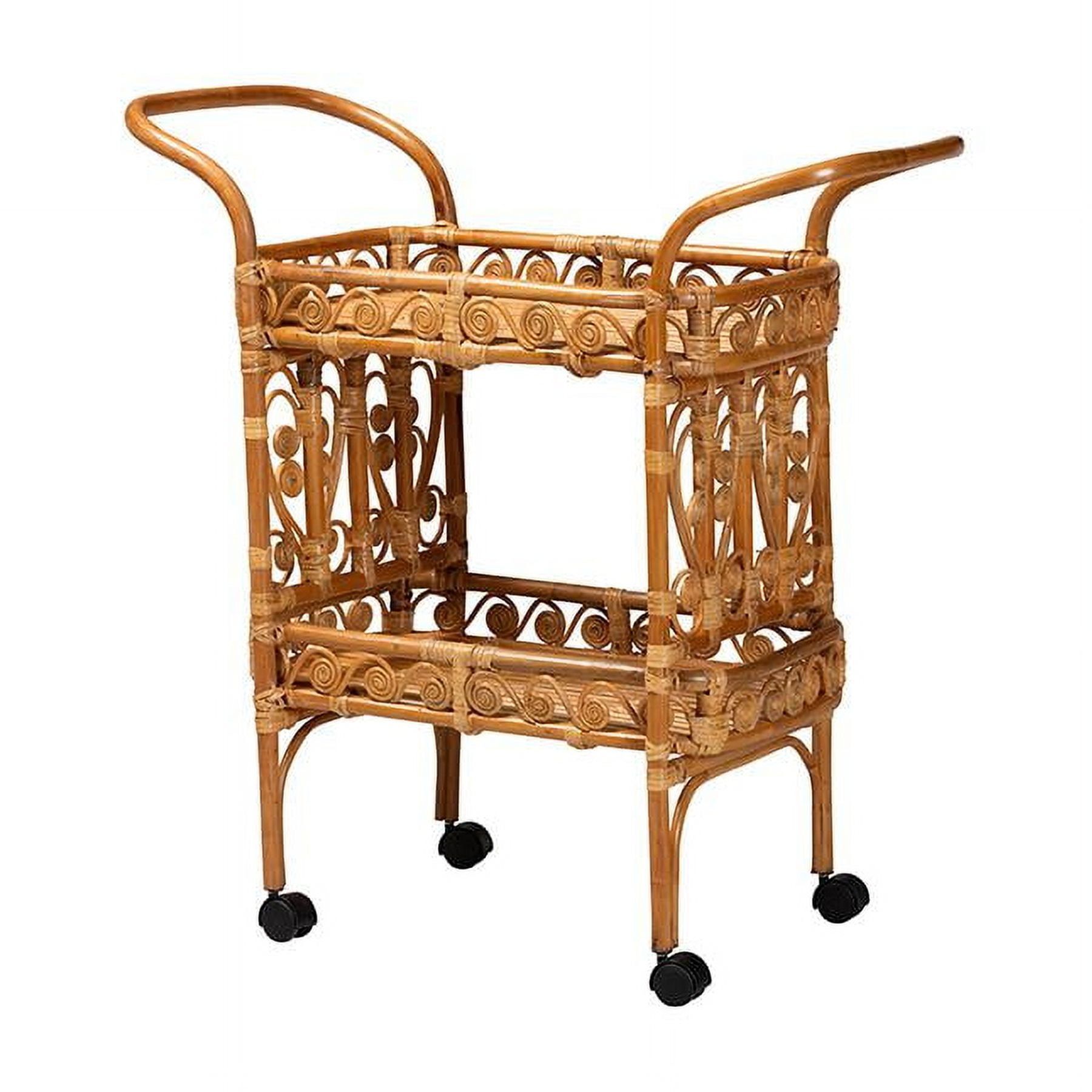 Natural Brown Rattan Round Kitchen Cart with Storage