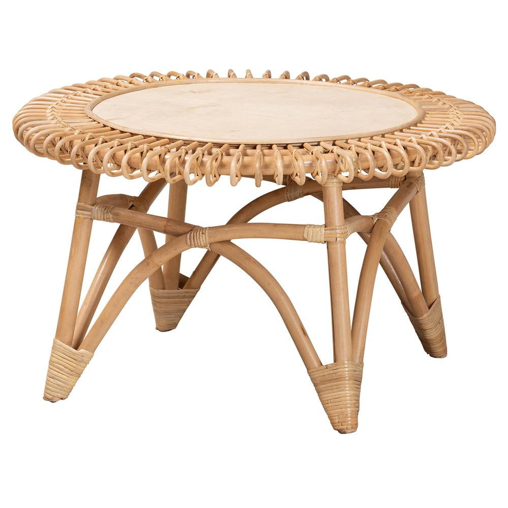 Elani 31" Natural Brown Round Rattan and Wood Coffee Table