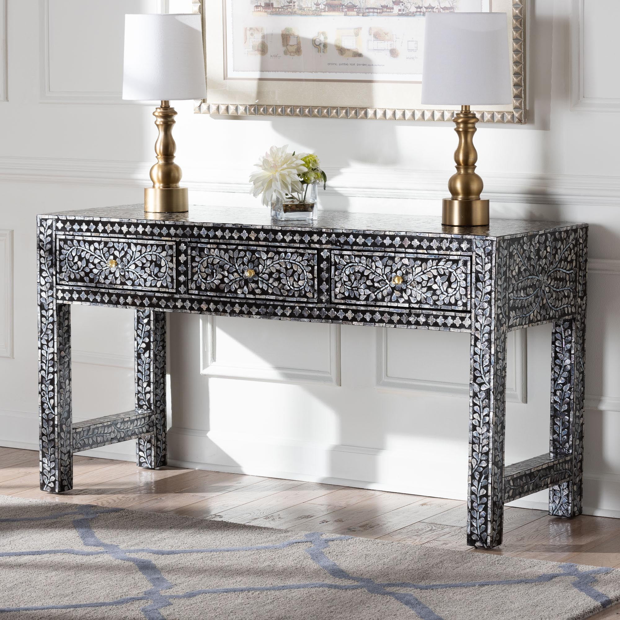 bali & pari Elara Coastal Console Table, 3-Drawer, Mosaic Black