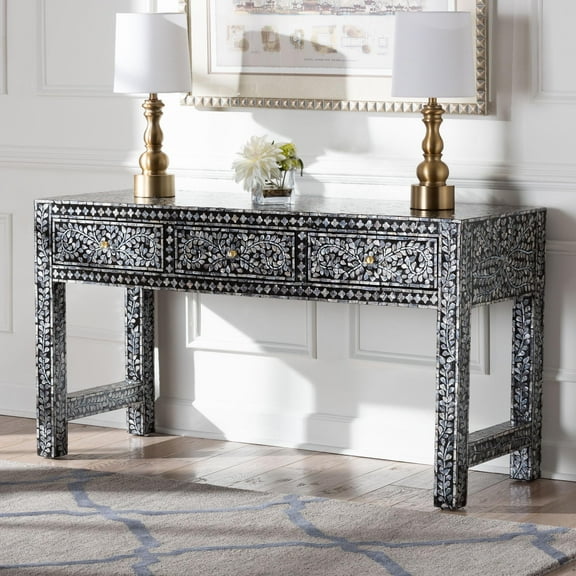 bali & pari Elara Coastal Console Table, 3-Drawer, Mosaic Black