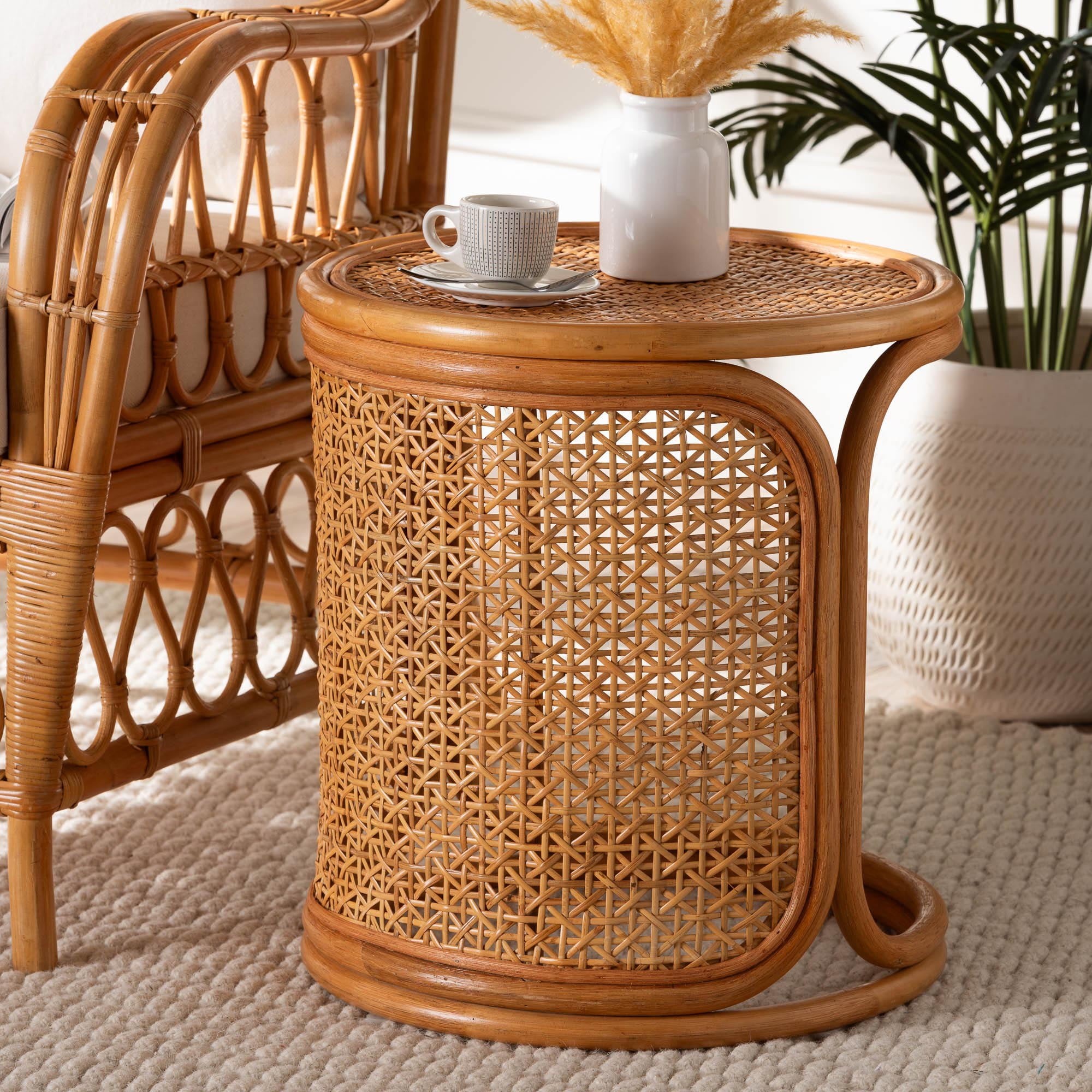 bali & pari Eldon Indoor Bohemian Natural Rattan Circle End Table, Light Honey